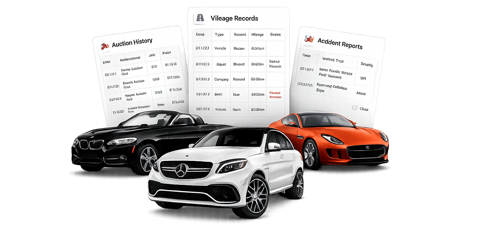 Vehicles with auction history, mileage records, and accident report previews